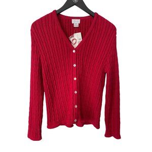 Foxcroft Cardigan Sweater Size Small Cable Knit V Neck Button Front Red Cozy NEW